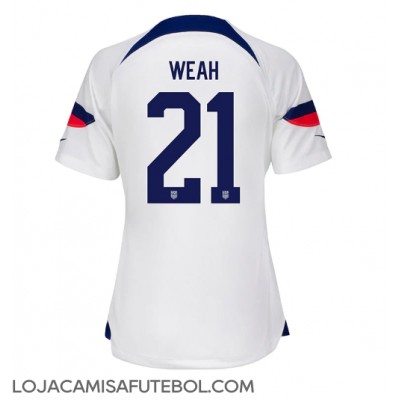 Camisa de Futebol Estados Unidos Timothy Weah #21 Equipamento Principal Mulheres Mundo 2022 Manga Curta